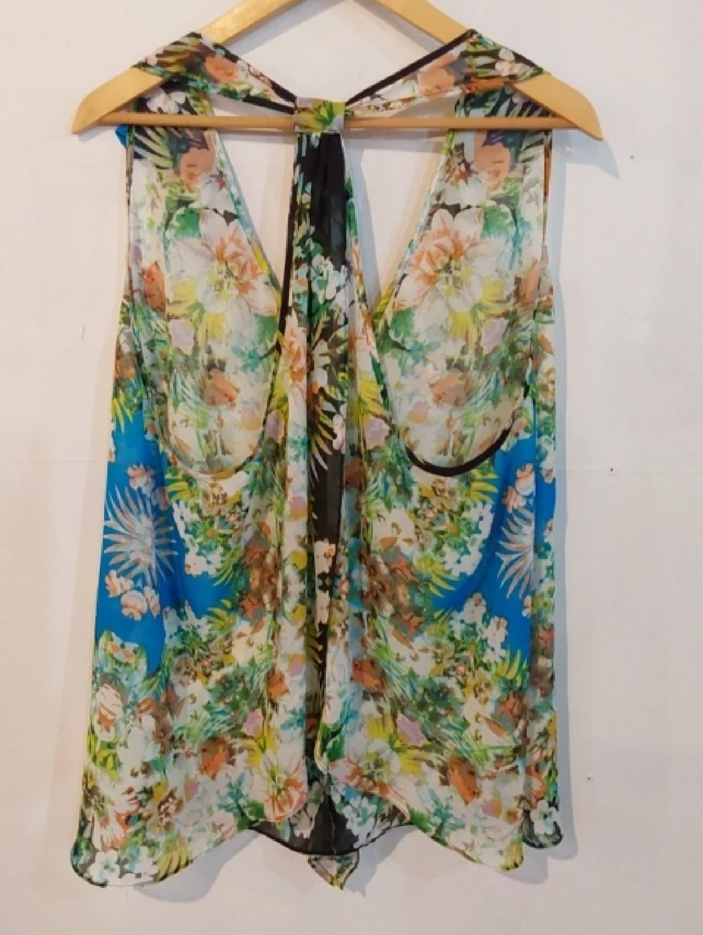 Bisou Bisou|Floral Ruffle V-Neck Sleeveless Top Blue Multicolor Sheer Flowy XL - Picture 4 of 5